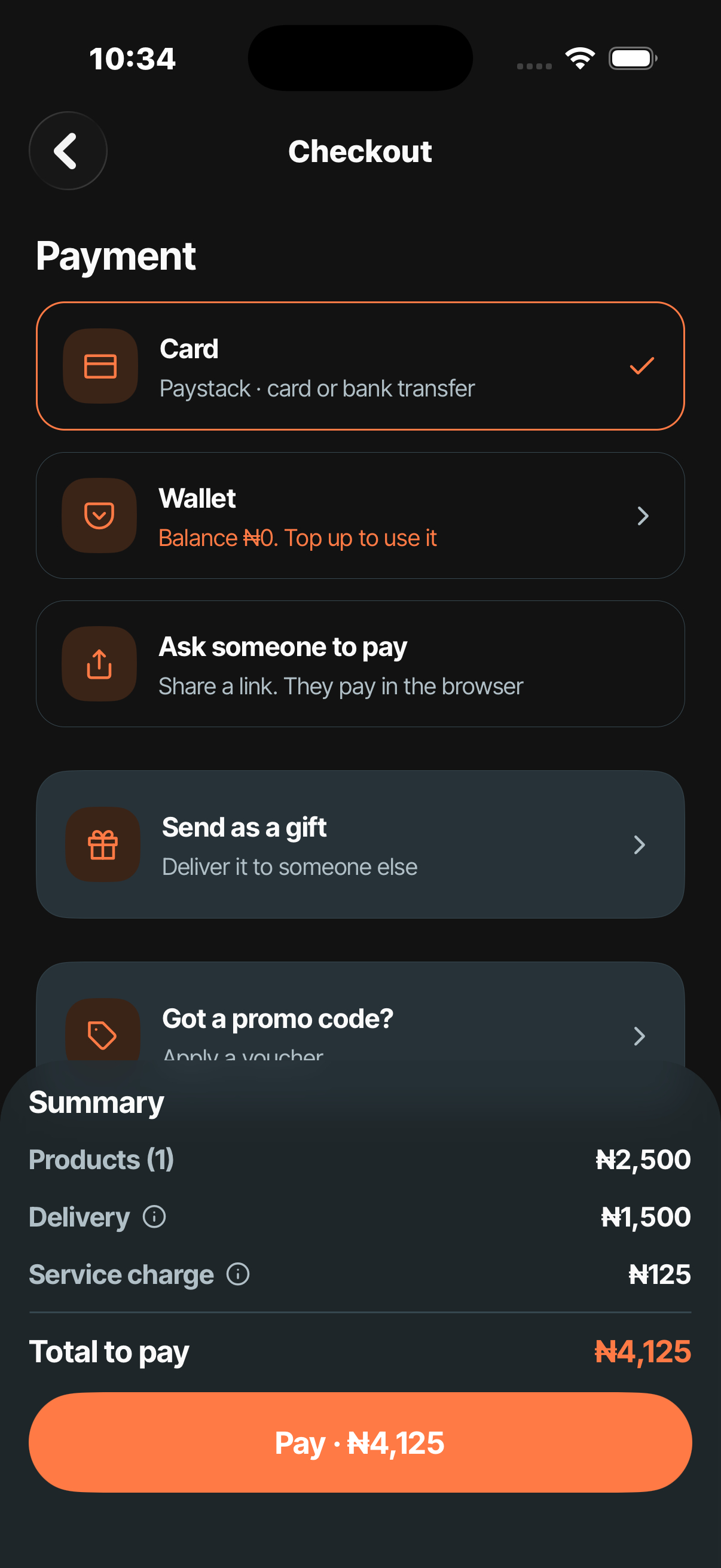 RunTango app checkout screen with the order total and delivery address